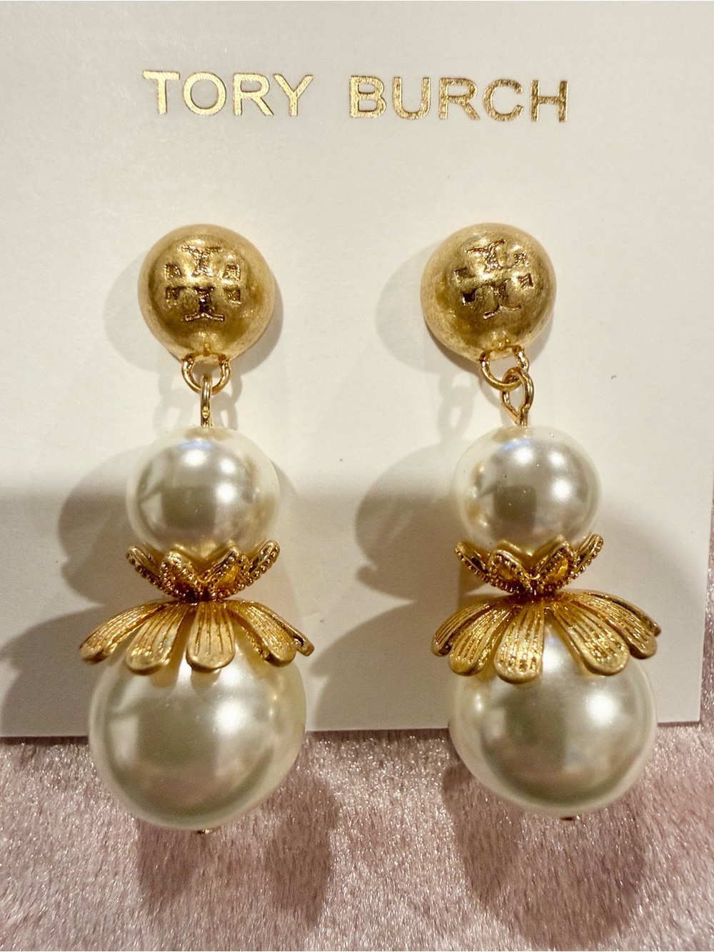 Tory Burch | Gold Plated & White Pearl Double-Drop Floral Earrings